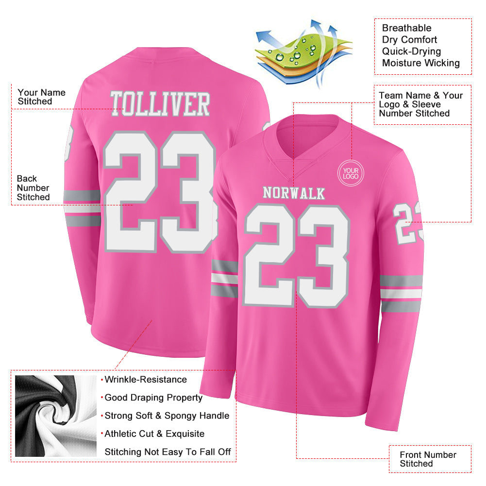 Custom Pink White-Gray Long Sleeve Authentic Football Jersey view 2