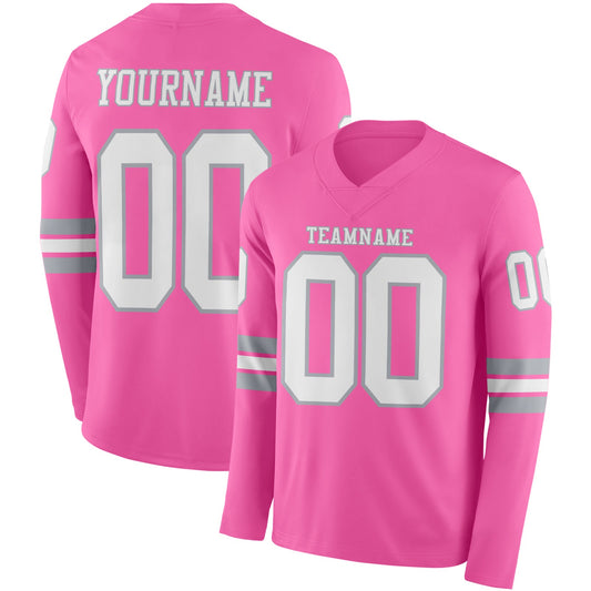 Custom Pink White-Gray Long Sleeve Authentic Football Jersey - Main View