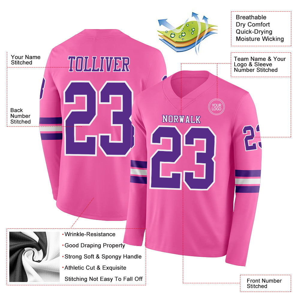 Custom Pink Purple-White Long Sleeve Authentic Football Jersey view 2