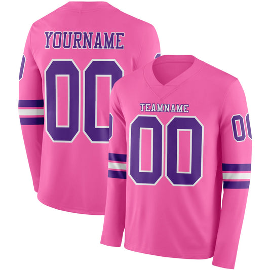 Custom Pink Purple-White Long Sleeve Authentic Football Jersey - Main View
