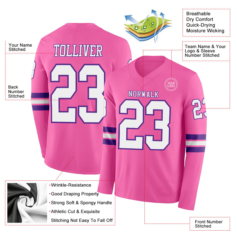 Custom Pink White-Purple Long Sleeve Authentic Football Jersey view 2