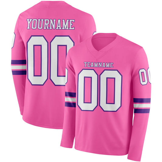 Custom Pink White-Purple Long Sleeve Authentic Football Jersey - Main View