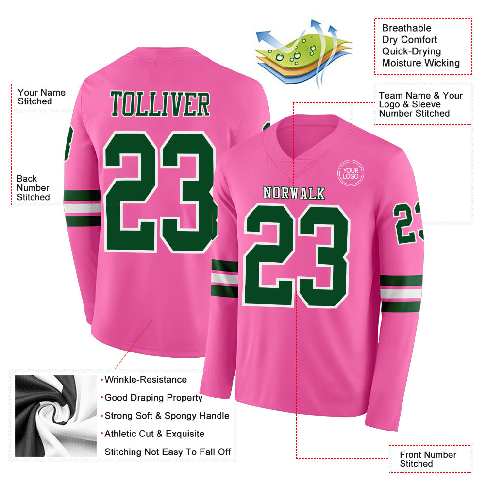 Custom Pink Green-White Long Sleeve Authentic Football Jersey view 2