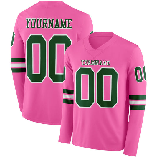 Custom Pink Green-White Long Sleeve Authentic Football Jersey - Main View