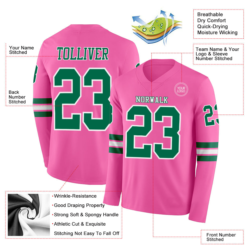 Custom Pink Kelly Green-White Long Sleeve Authentic Football Jersey view 2