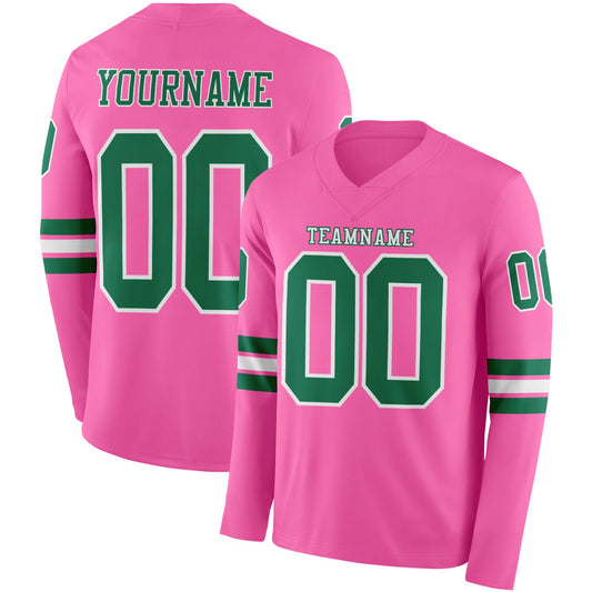 Custom Pink Kelly Green-White Long Sleeve Authentic Football Jersey - Main View