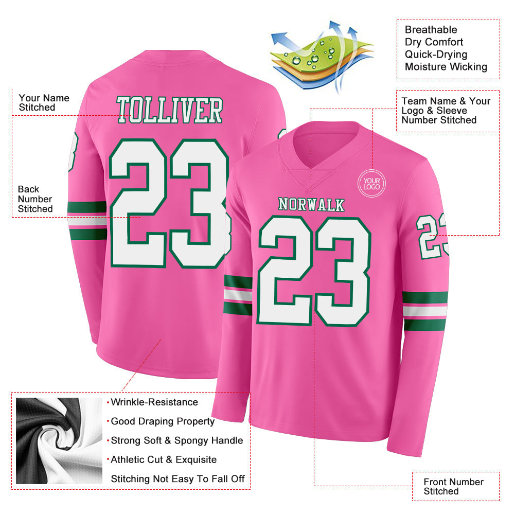 Custom Pink White=Kelly Green Long Sleeve Authentic Football Jersey view 2