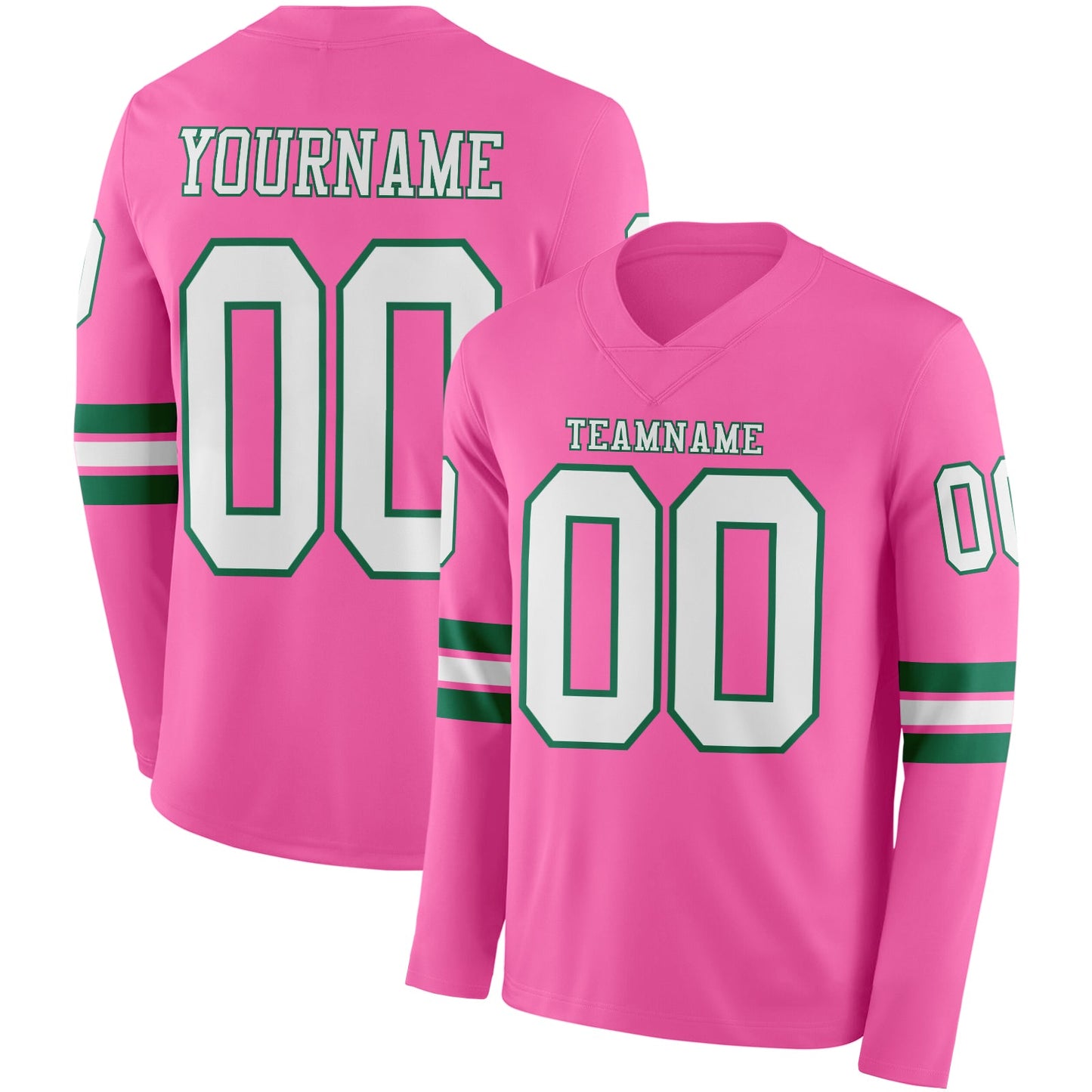 Custom Pink White=Kelly Green Long Sleeve Authentic Football Jersey - Main View
