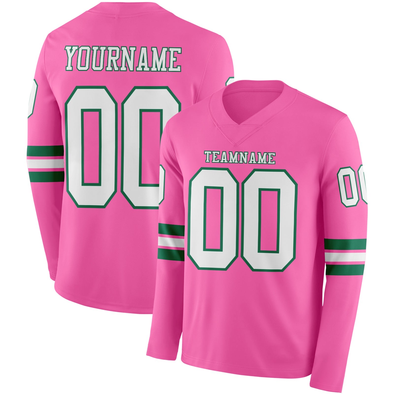 Custom Pink White=Kelly Green Long Sleeve Authentic Football Jersey - Main View