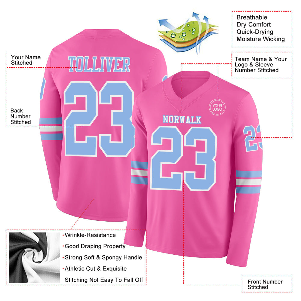 Custom Pink Light Blue-White Long Sleeve Authentic Football Jersey view 2