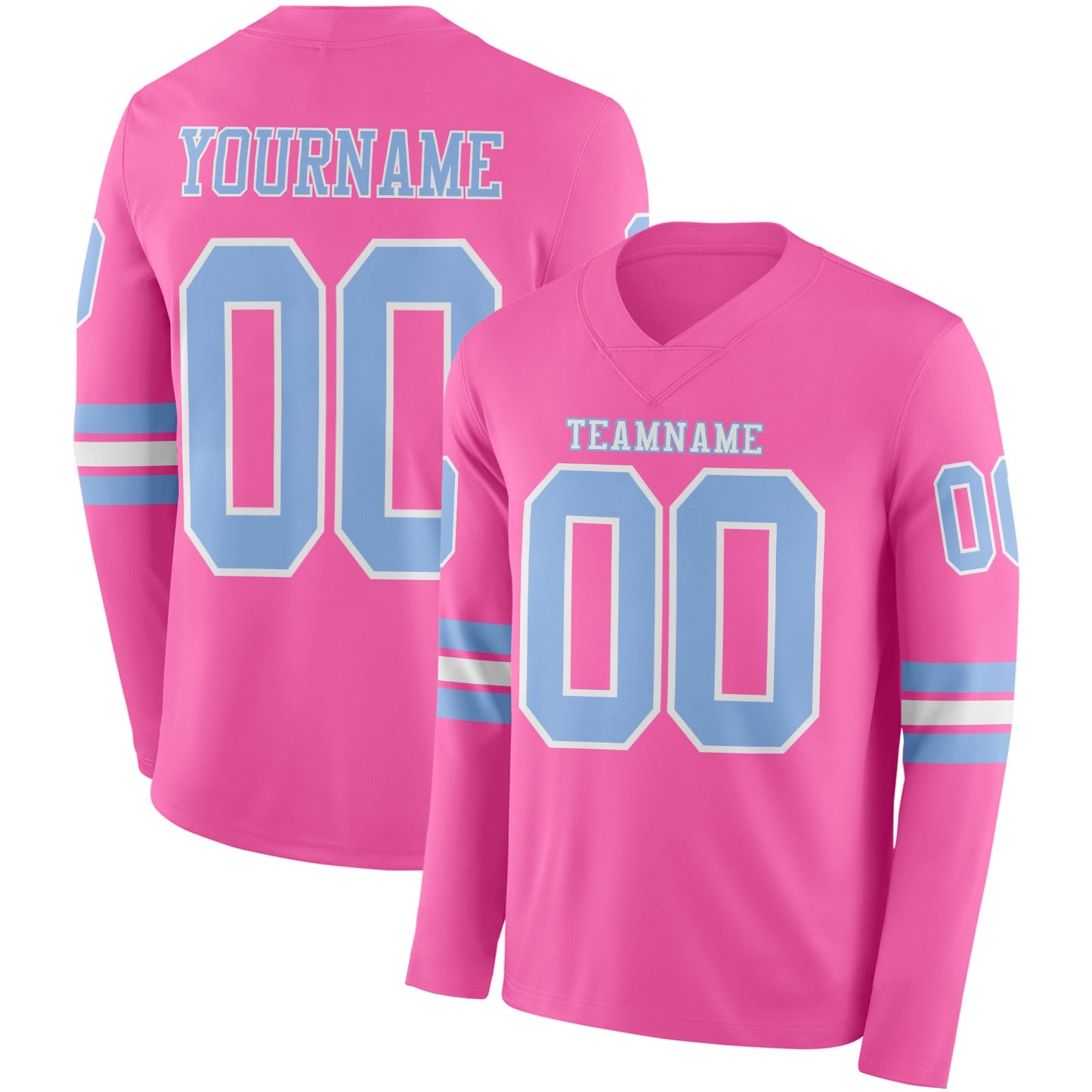 Custom Pink Light Blue-White Long Sleeve Authentic Football Jersey - Main View