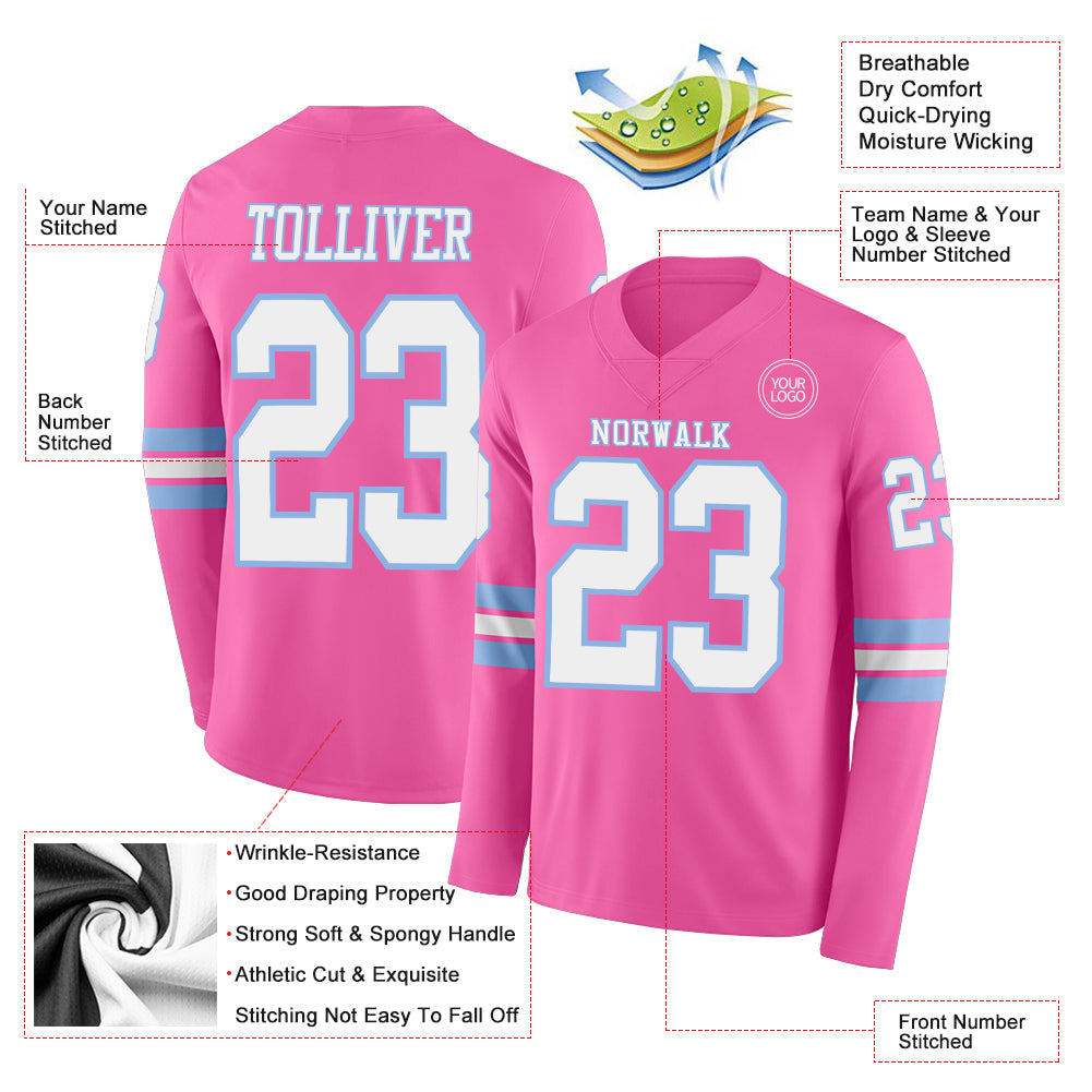 Custom Pink White-Light Blue Long Sleeve Authentic Football Jersey view 2