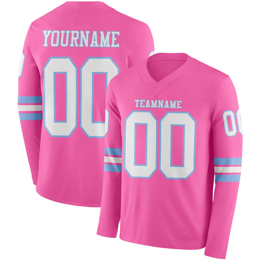 Custom Pink White-Light Blue Long Sleeve Authentic Football Jersey - Main View