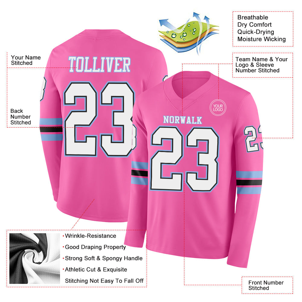 Custom Pink White Black-Light Blue Long Sleeve Authentic Football Jersey view 2