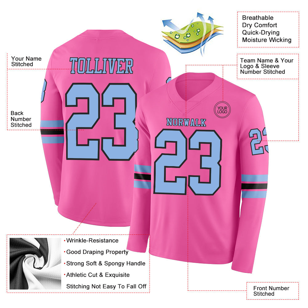 Custom Pink Light Blue-Black Long Sleeve Authentic Football Jersey view 2