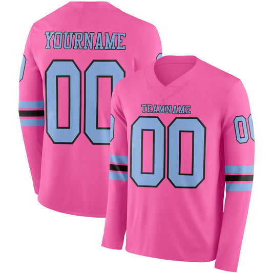 Custom Pink Light Blue-Black Long Sleeve Authentic Football Jersey - Main View