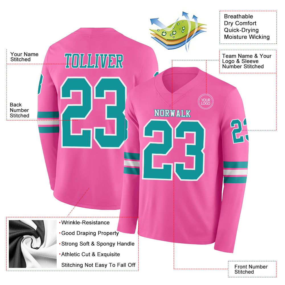 Custom Pink Teal-White Long Sleeve Authentic Football Jersey view 2