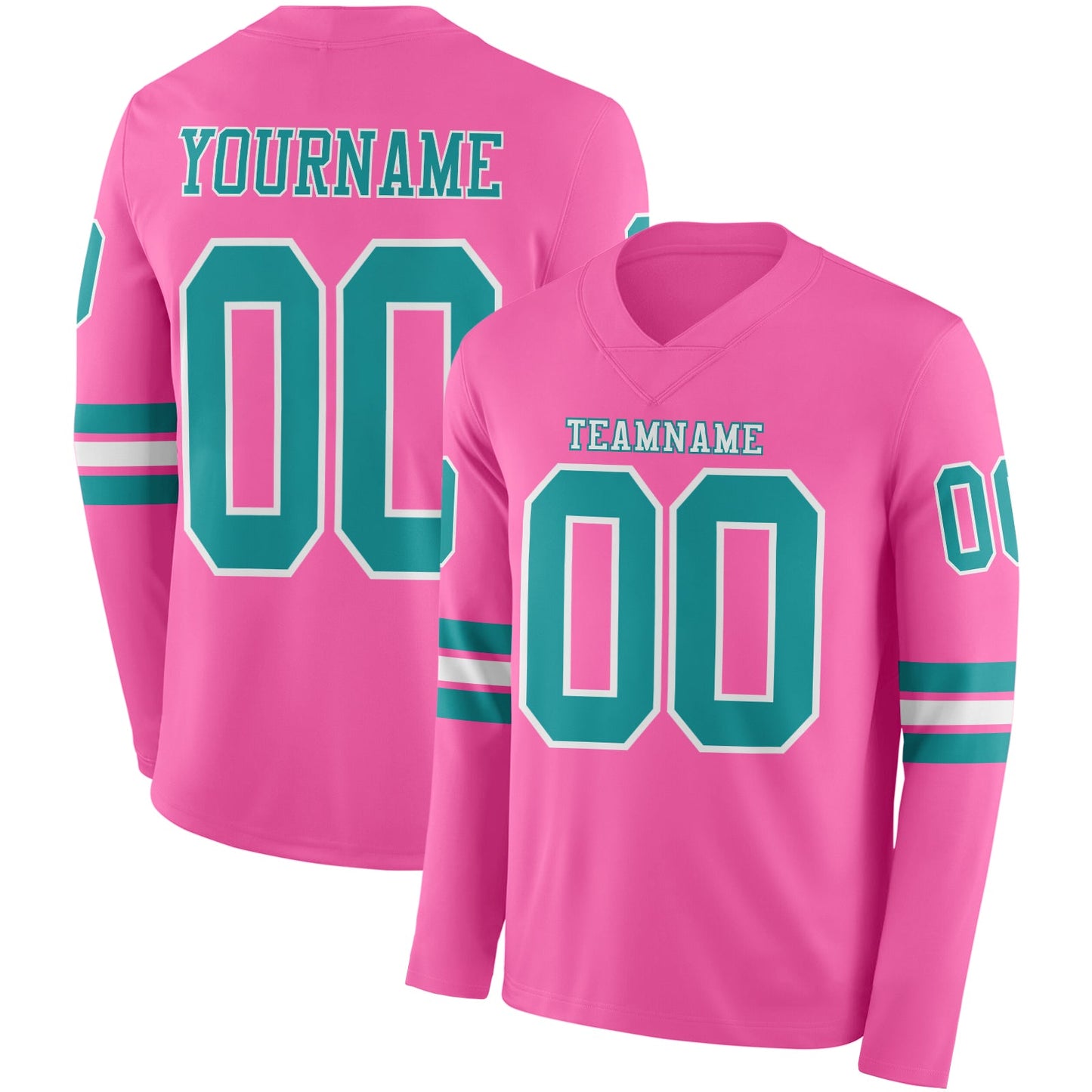 Custom Pink Teal-White Long Sleeve Authentic Football Jersey - Main View