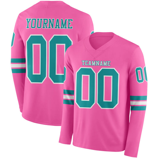 Custom Pink Teal-White Long Sleeve Authentic Football Jersey - Main View