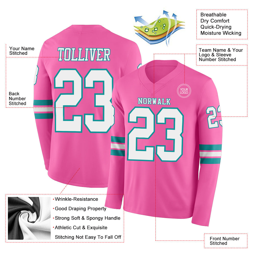 Custom Pink White-Teal Long Sleeve Authentic Football Jersey view 2