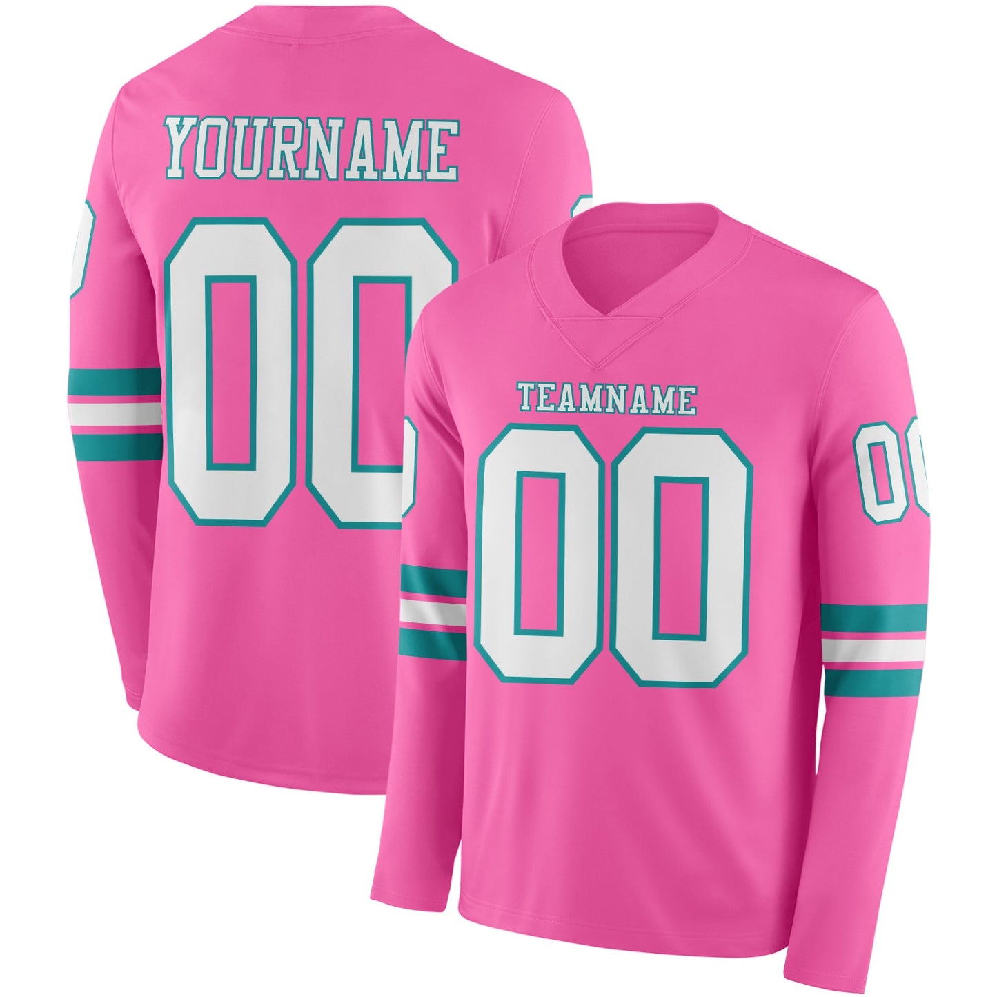 Custom Pink White-Teal Long Sleeve Authentic Football Jersey - Main View