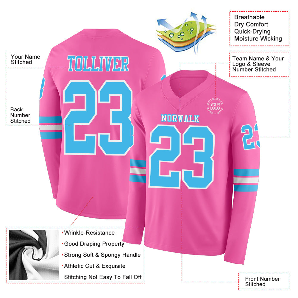 Custom Pink Sky Blue-White Long Sleeve Authentic Football Jersey view 2