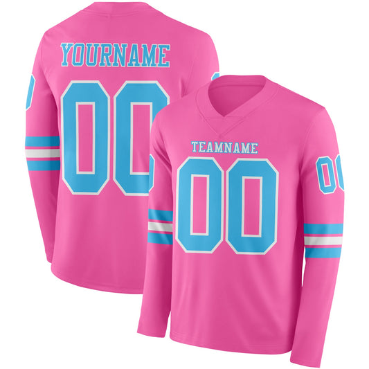 Custom Pink Sky Blue-White Long Sleeve Authentic Football Jersey - Main View