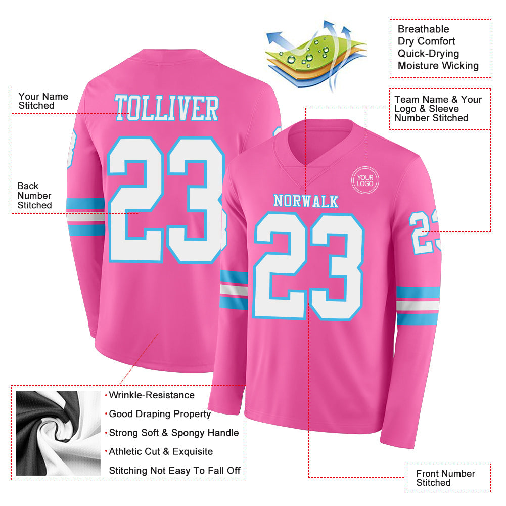 Custom Pink White-Sky Blue Long Sleeve Authentic Football Jersey view 2