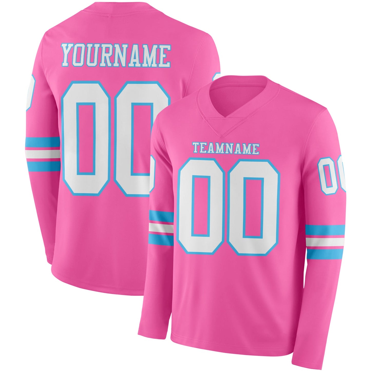Custom Pink White-Sky Blue Long Sleeve Authentic Football Jersey - Main View