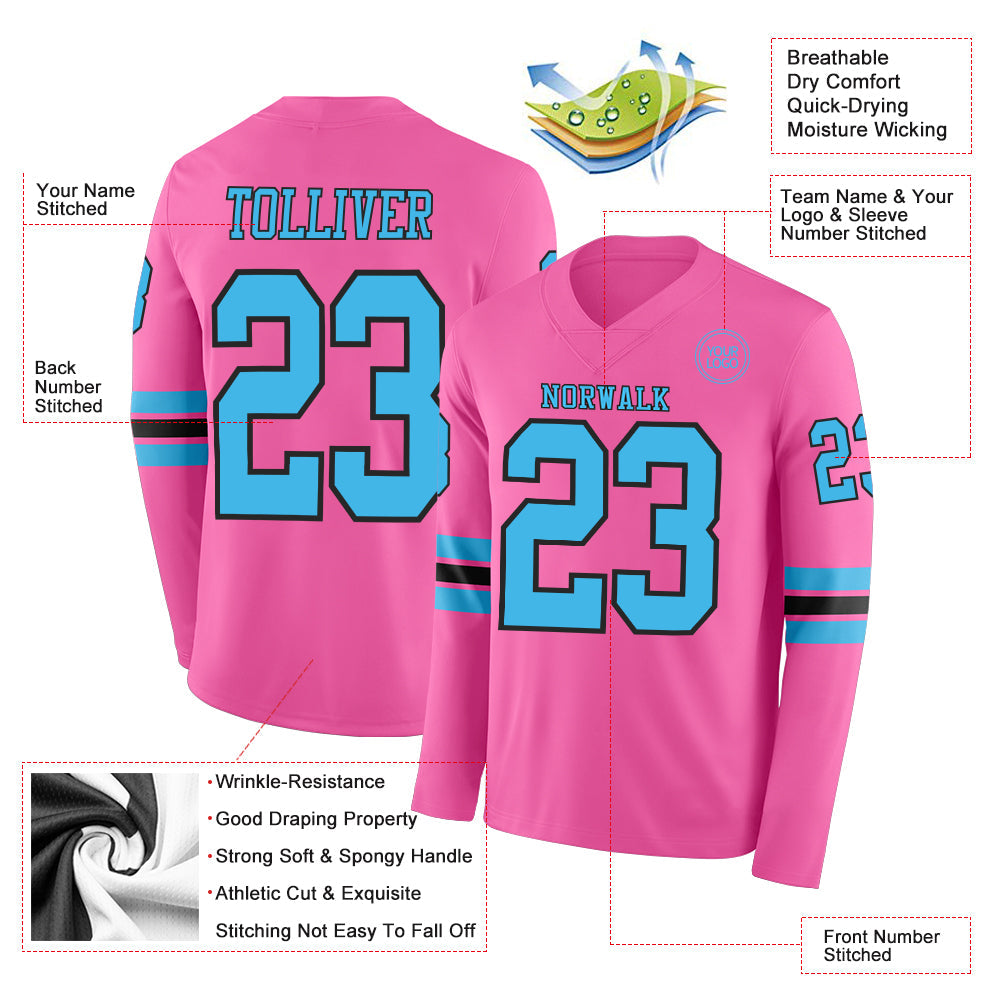 Custom Pink Sky Blue-Black Long Sleeve Authentic Football Jersey view 2