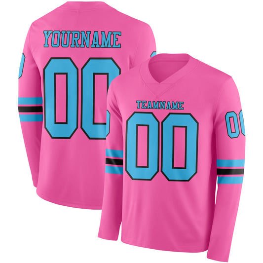 Custom Pink Sky Blue-Black Long Sleeve Authentic Football Jersey - Main View