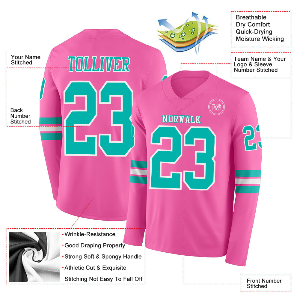 Custom Pink Aqua-White Long Sleeve Authentic Football Jersey view 2