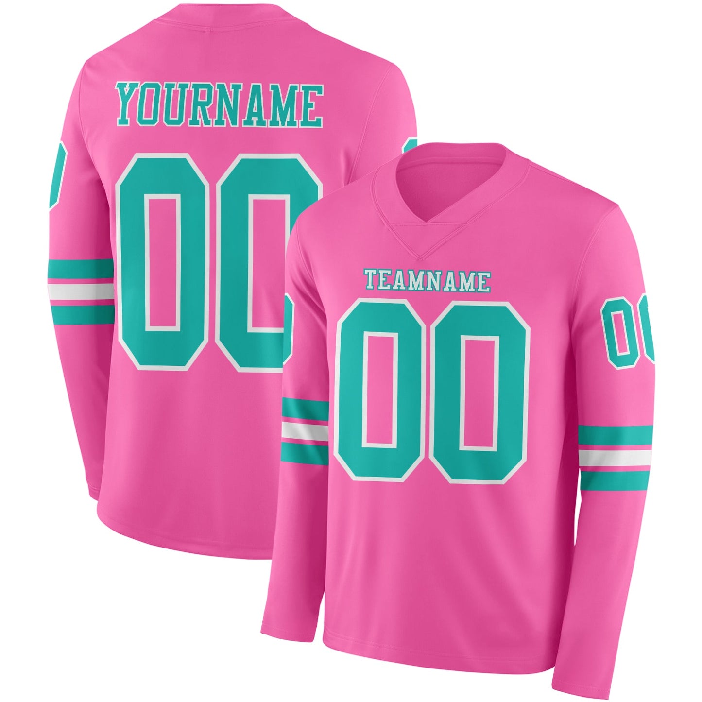 Custom Pink Aqua-White Long Sleeve Authentic Football Jersey - Main View