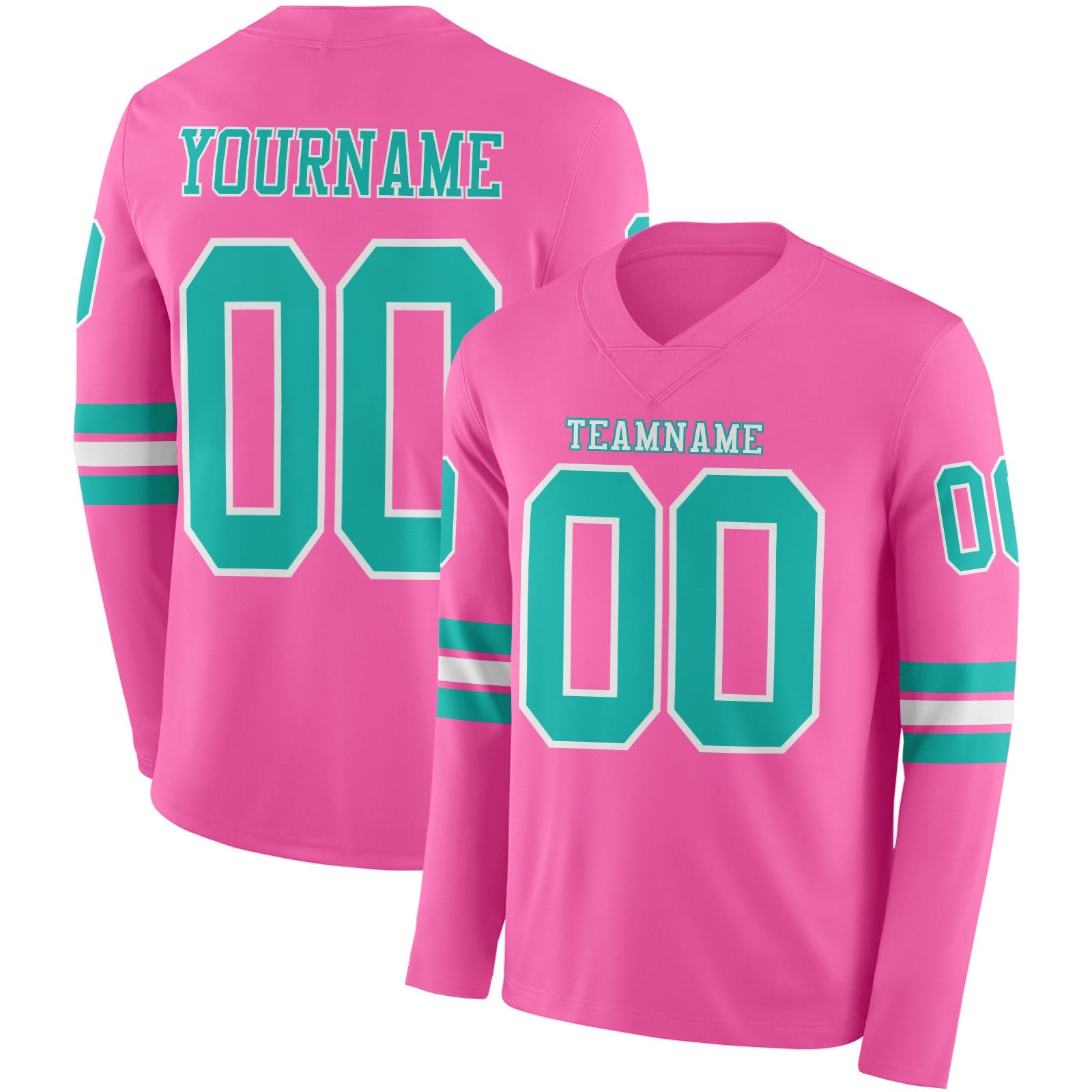 Custom Pink Aqua-White Long Sleeve Authentic Football Jersey - Main View
