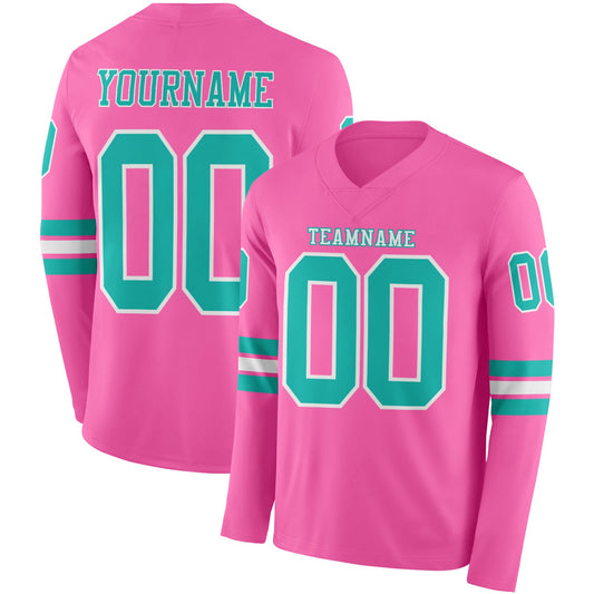 Custom Pink Aqua-White Long Sleeve Authentic Football Jersey - Main View
