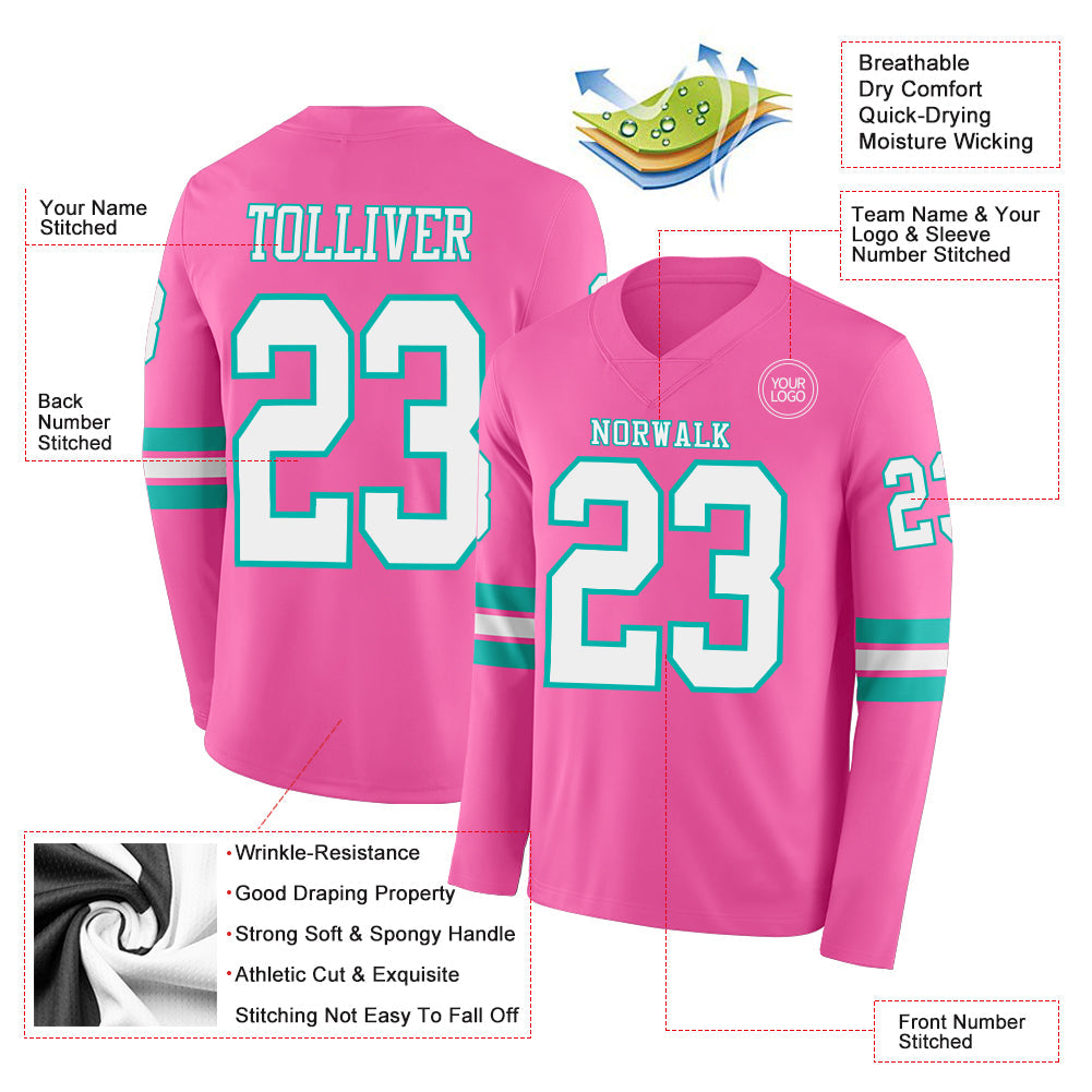Custom Pink White-Aqua Long Sleeve Authentic Football Jersey view 2