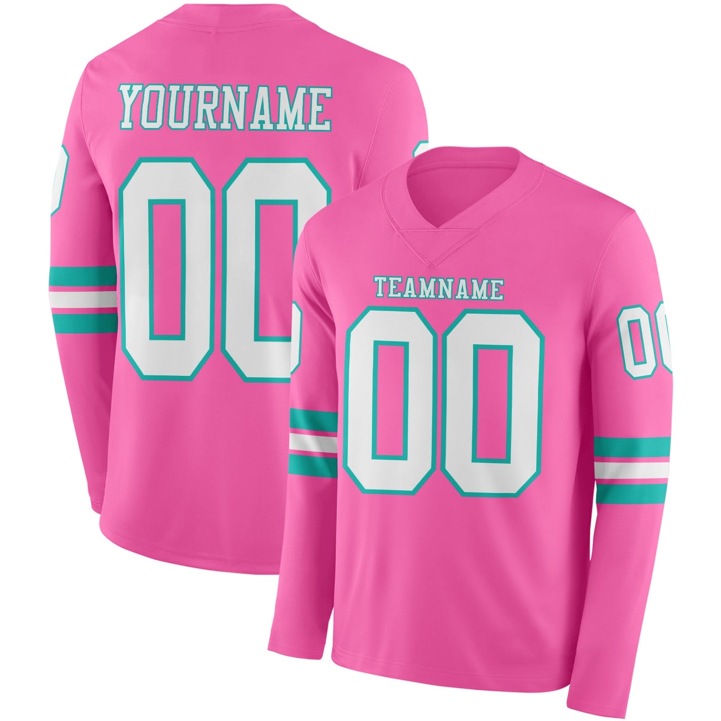 Custom Pink White-Aqua Long Sleeve Authentic Football Jersey - Main View
