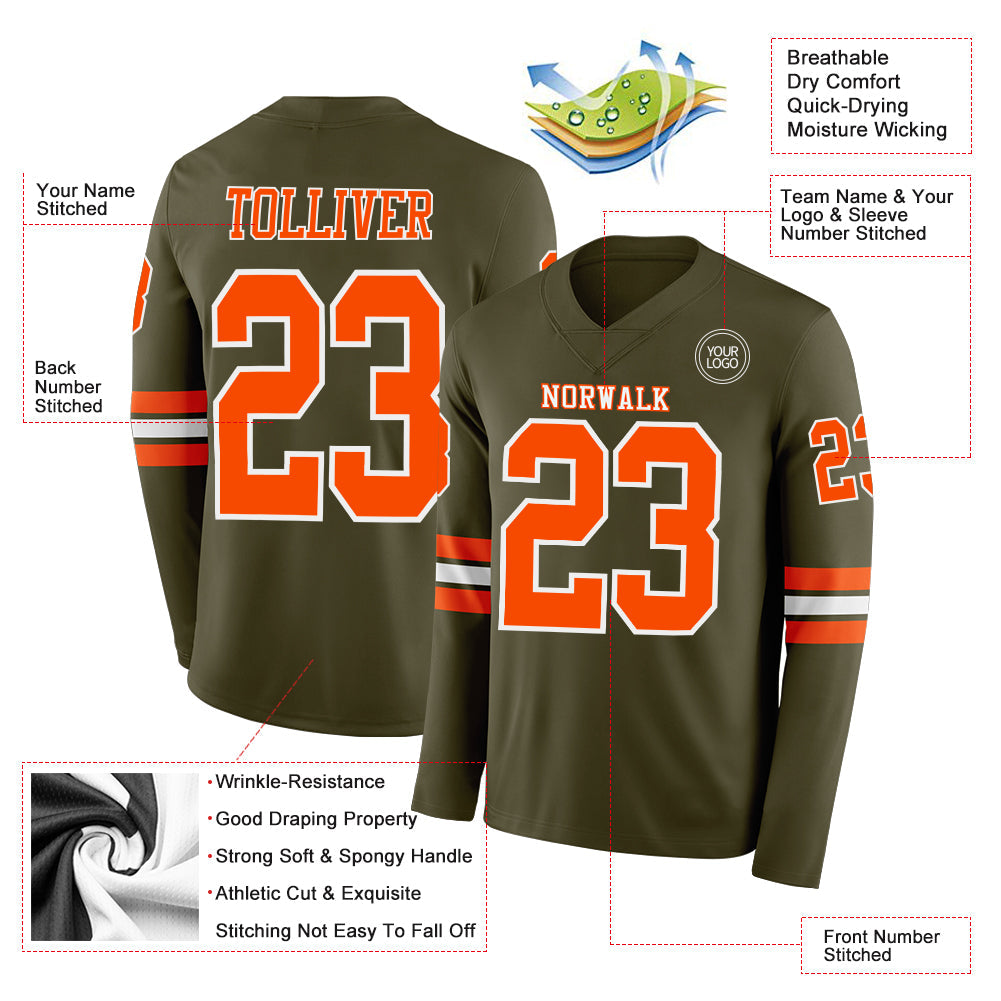 Custom Olive Orange-White Long Sleeve Salute To Service Authentic Football Jersey view 2