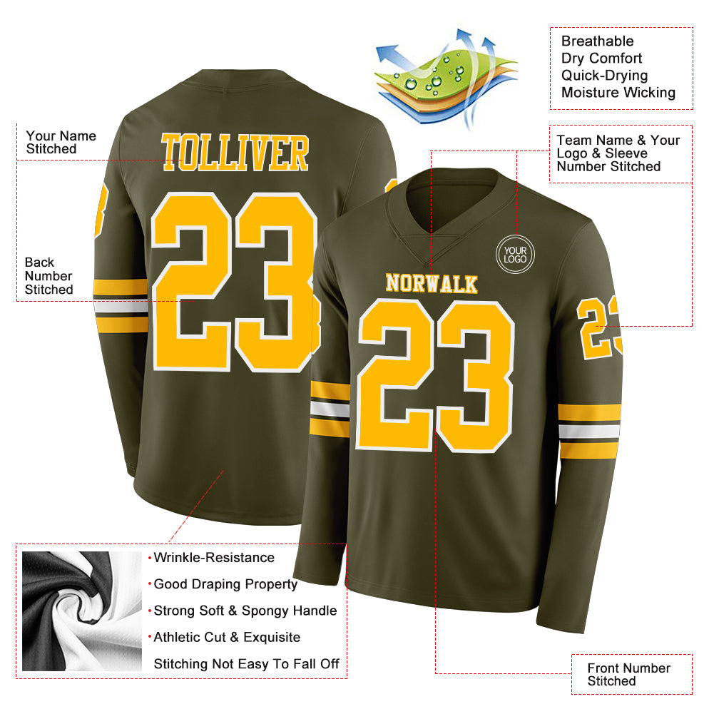 Custom Olive Gold-White Long Sleeve Salute To Service Authentic Football Jersey view 2