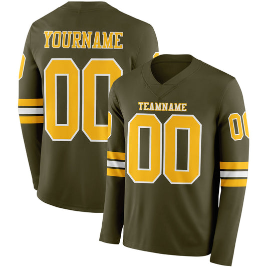 Custom Olive Gold-White Long Sleeve Salute To Service Authentic Football Jersey - Main View