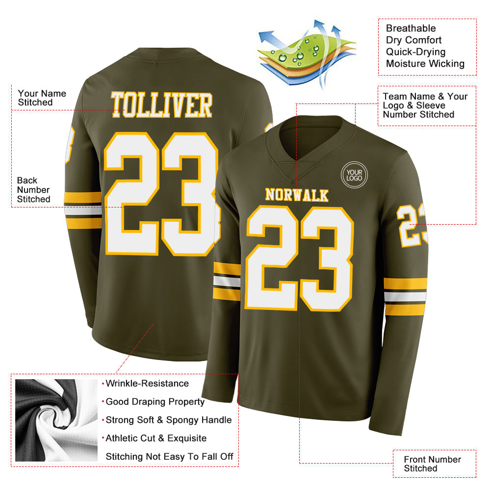 Custom Olive White-Gold Long Sleeve Salute To Service Authentic Football Jersey view 2