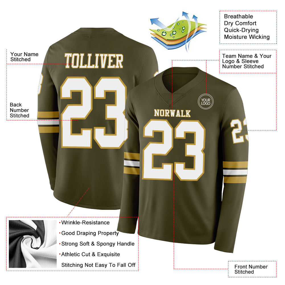 Custom Olive White-Old Gold Long Sleeve Salute To Service Authentic Football Jersey view 2