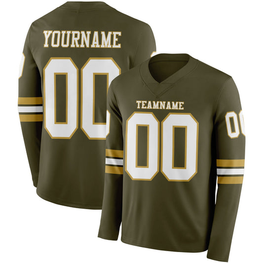 Custom Olive White-Old Gold Long Sleeve Salute To Service Authentic Football Jersey - Main View