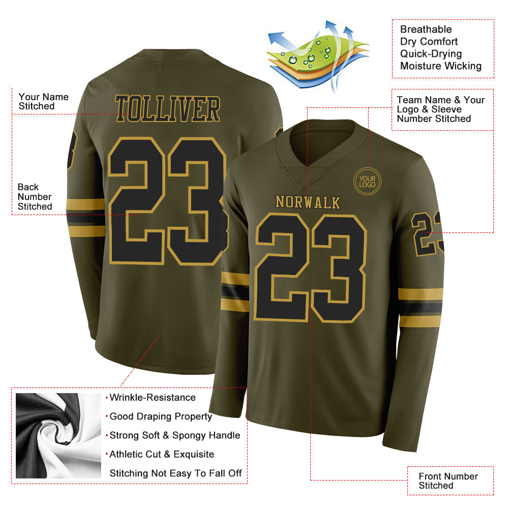 Custom Olive Black-Old Gold Long Sleeve Salute To Service Authentic Football Jersey view 2