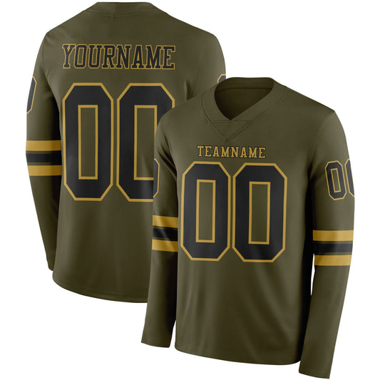 Custom Olive Black-Old Gold Long Sleeve Salute To Service Authentic Football Jersey - Main View
