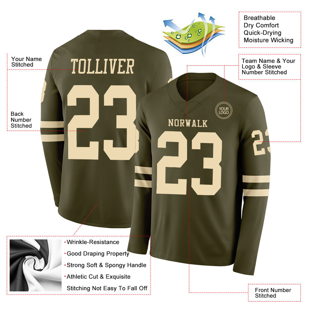 Custom Olive Cream Long Sleeve Salute To Service Authentic Football Jersey view 2