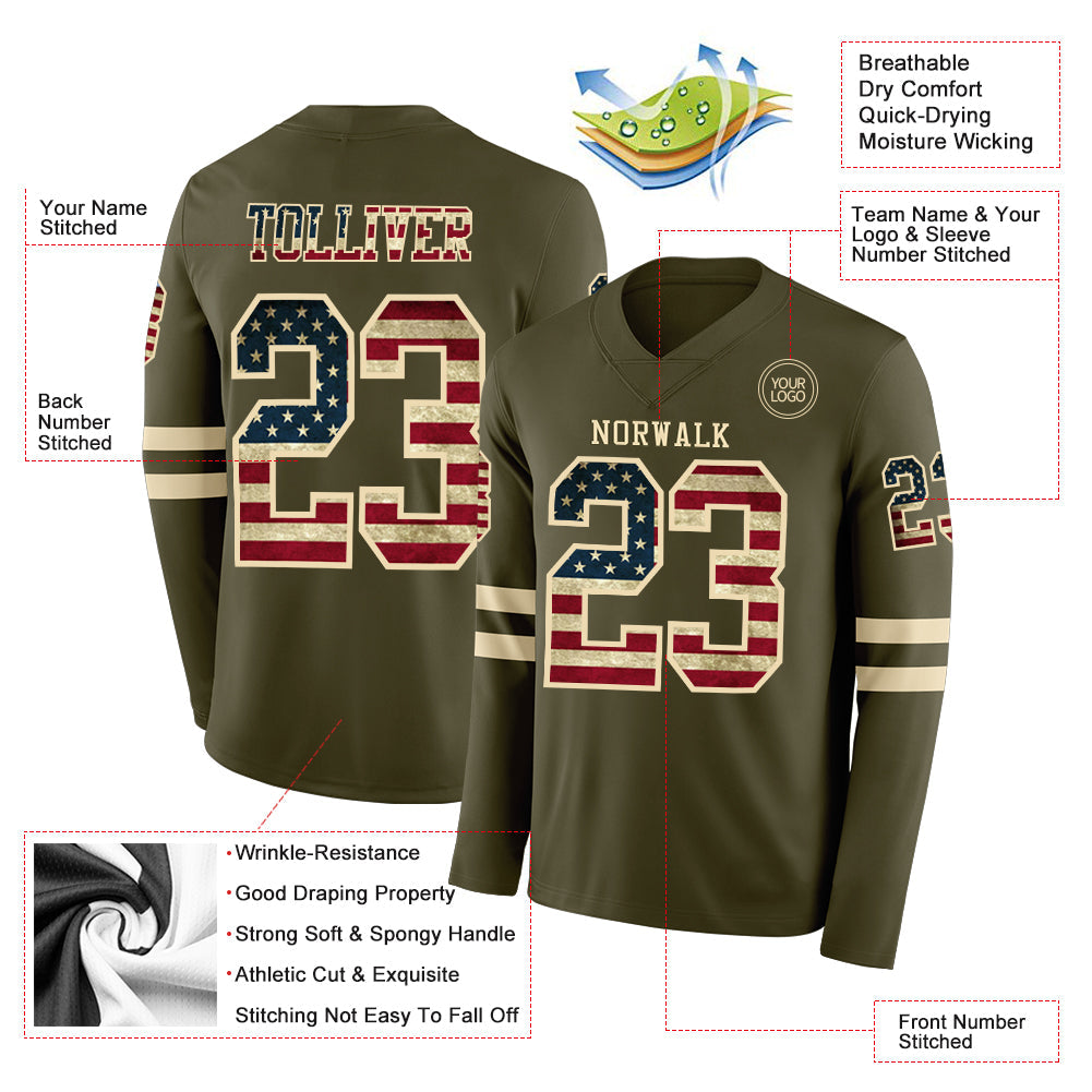 Custom Olive Vintage USA Flag-Cream Long Sleeve Salute To Service Authentic Football Jersey view 2
