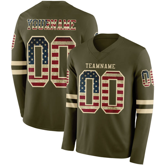 Custom Olive Vintage USA Flag-Cream Long Sleeve Salute To Service Authentic Football Jersey - Main View