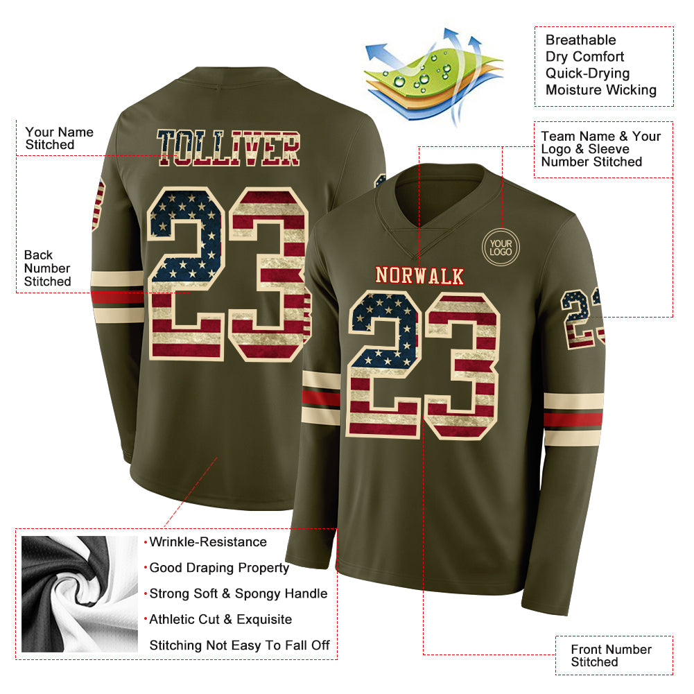 Custom Olive Vintage USA Flag Cream-Red Long Sleeve Salute To Service Authentic Football Jersey view 2