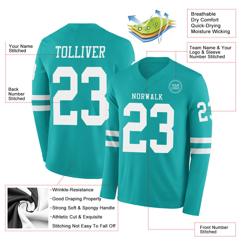 Custom Aqua White Long Sleeve Authentic Football Jersey view 2